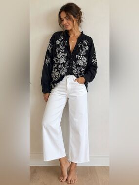Pilcro Black Floral Embroidered Button-Up Blouse